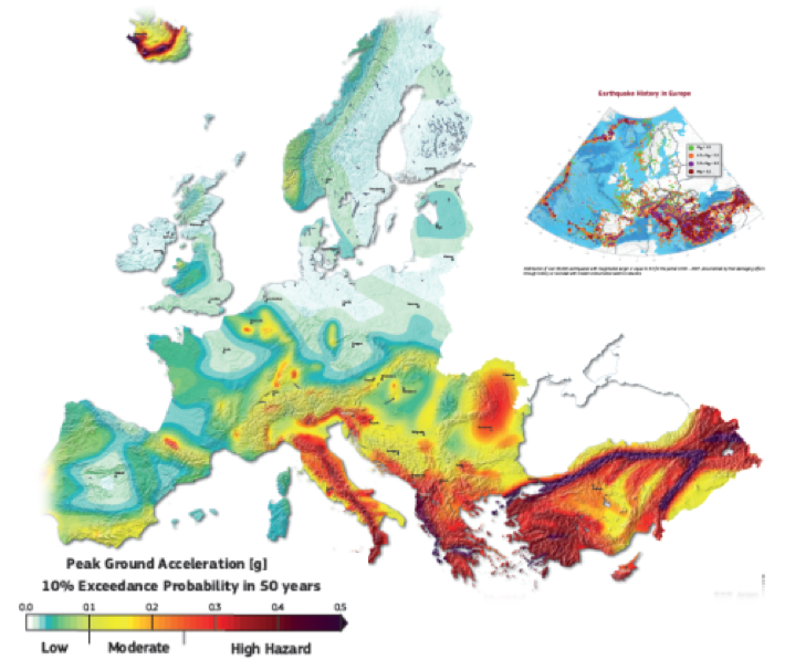 An earthquake hazard map for Europe (from the SHARE project). Hazard is shown as expected peak ground acceleration (PGA) with a 10% chance of being exceeded in a 50-year interval (return period of 475 years)