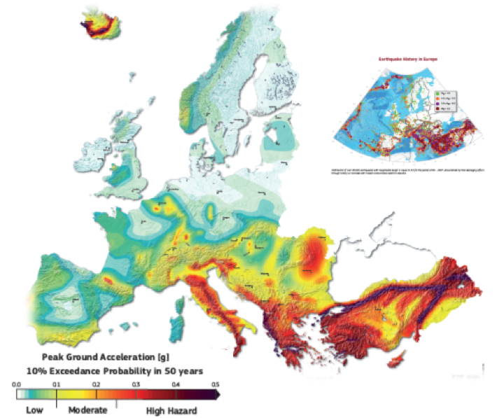 An earthquake hazard map for Europe (from the SHARE project). Hazard is shown as expected peak ground acceleration (PGA) with a 10% chance of being exceeding in a 50-year interval (return period of 475 years)