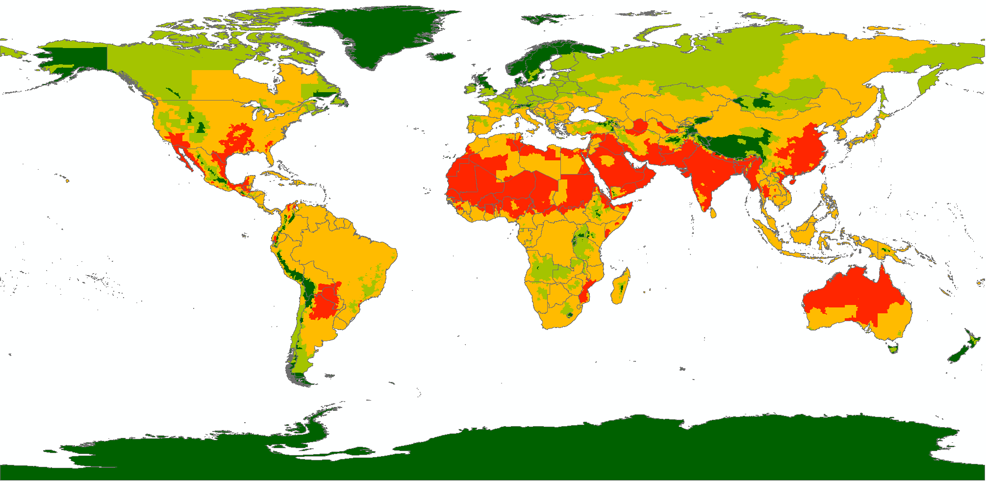 Heat hazard classification map at the ADM2-level. The figure visualizes the location with very low (dark green), low (green), medium (orange) and high (red) extreme heat risk
