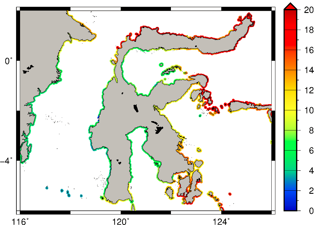 Tsunami maximum inundation height data at the coast, interpolated from the points offshore Sulawesi, Indonesia