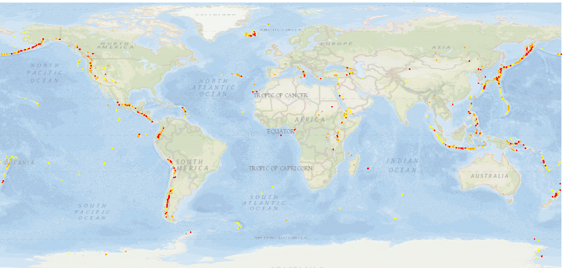  Hazard class at all locations within 100 km of a volcano. Red = high hazard, orange = medium, yellow = low. Very low and unknown hazard are not shown