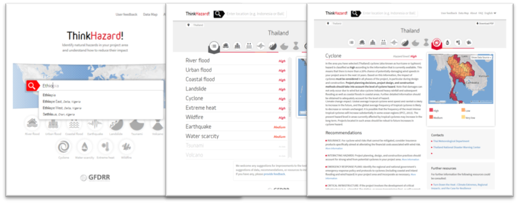 The three page levels of thinkhazard.org. From left: homepage location search, location overview of all hazards, single hazard level and risk reduction recommendations